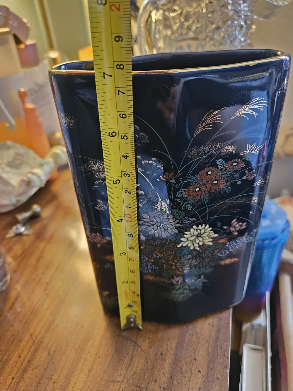 Navy Floral Ceramic Vase with Gold Accents